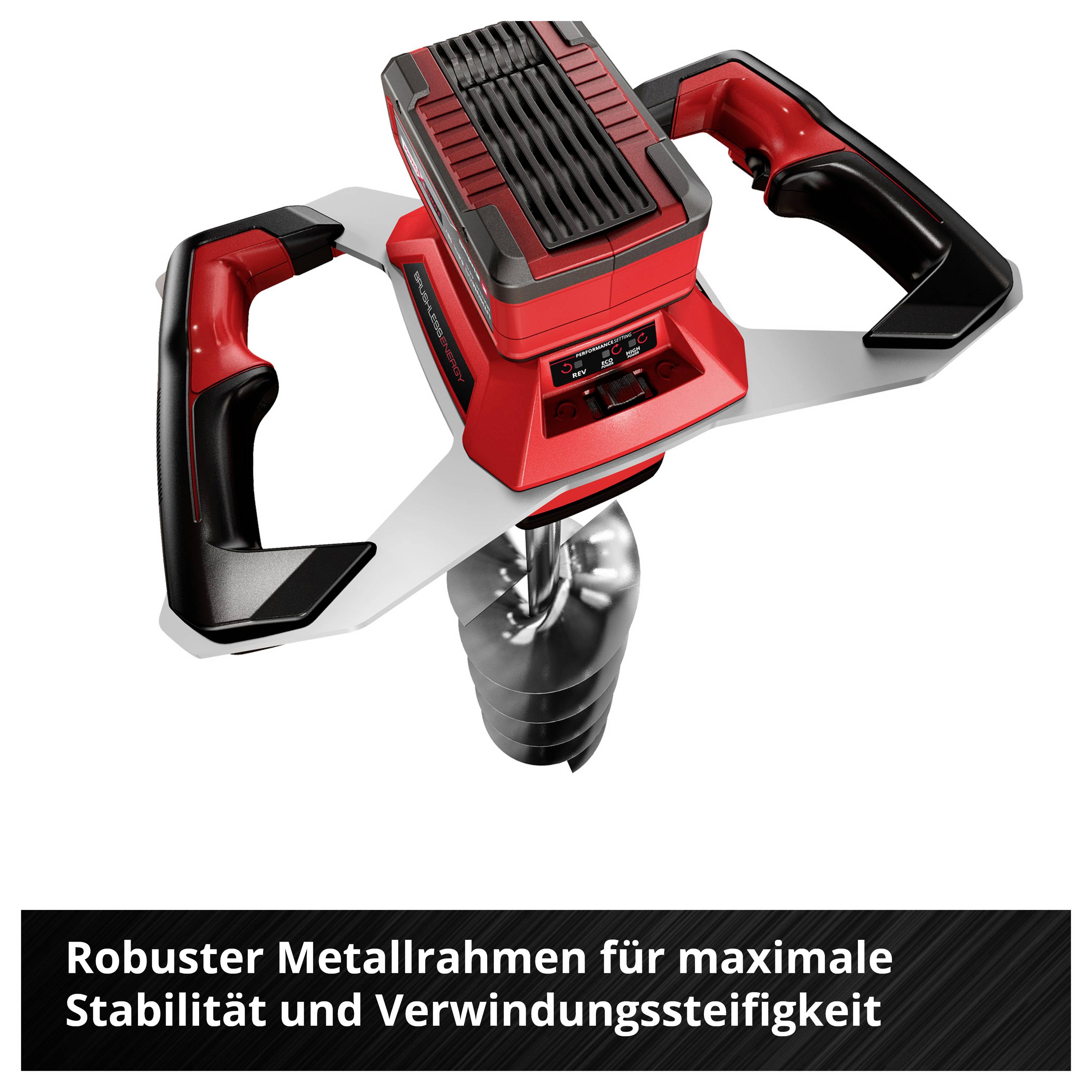 Robuster roter Metallgriff mit zwei schwarzen Handgriffen; darunter der Text 'Robuster Metallrahmen für maximale Stabilität und Verwindungssteifigkeit'.