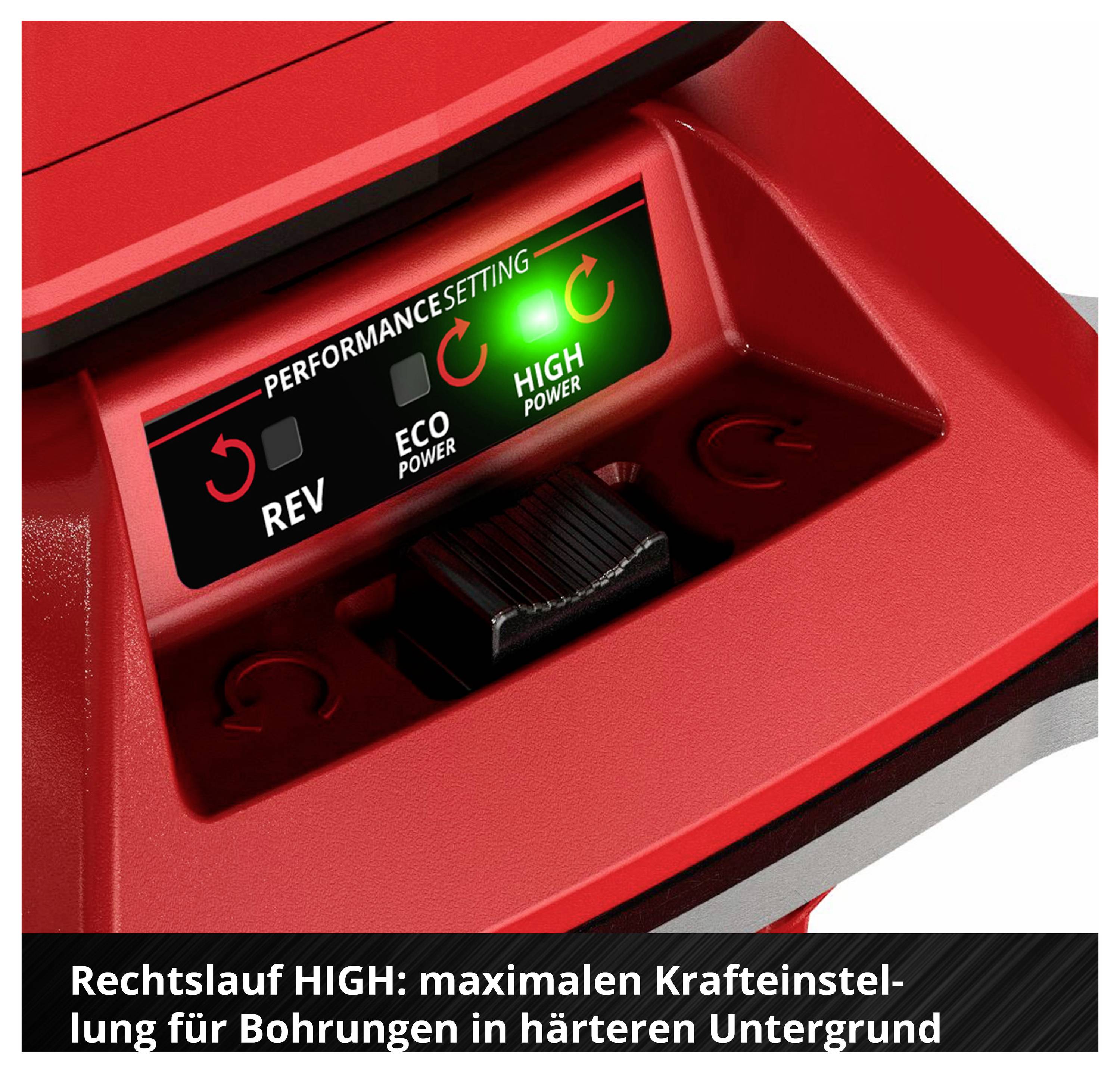 Rote Steuerkonsole mit Umschalter für Rechtslauf, Eco Power und High Power; Anzeige 'Rechtslauf HIGH' für maximale Kraft beim Bohren in harten Untergründen.