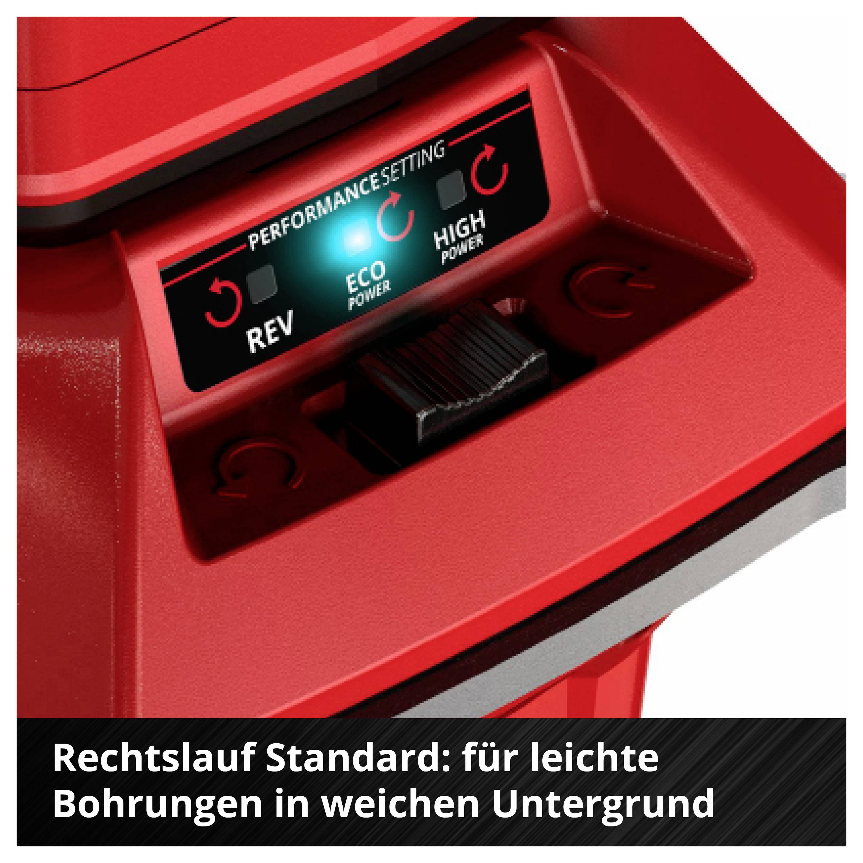 Roter Drehschalter für Leistungsmodus mit 'REV', 'ECO Power' und 'HIGH Power'; rechtsläufiger Standard für leichte Bohrungen in weichem Untergrund.