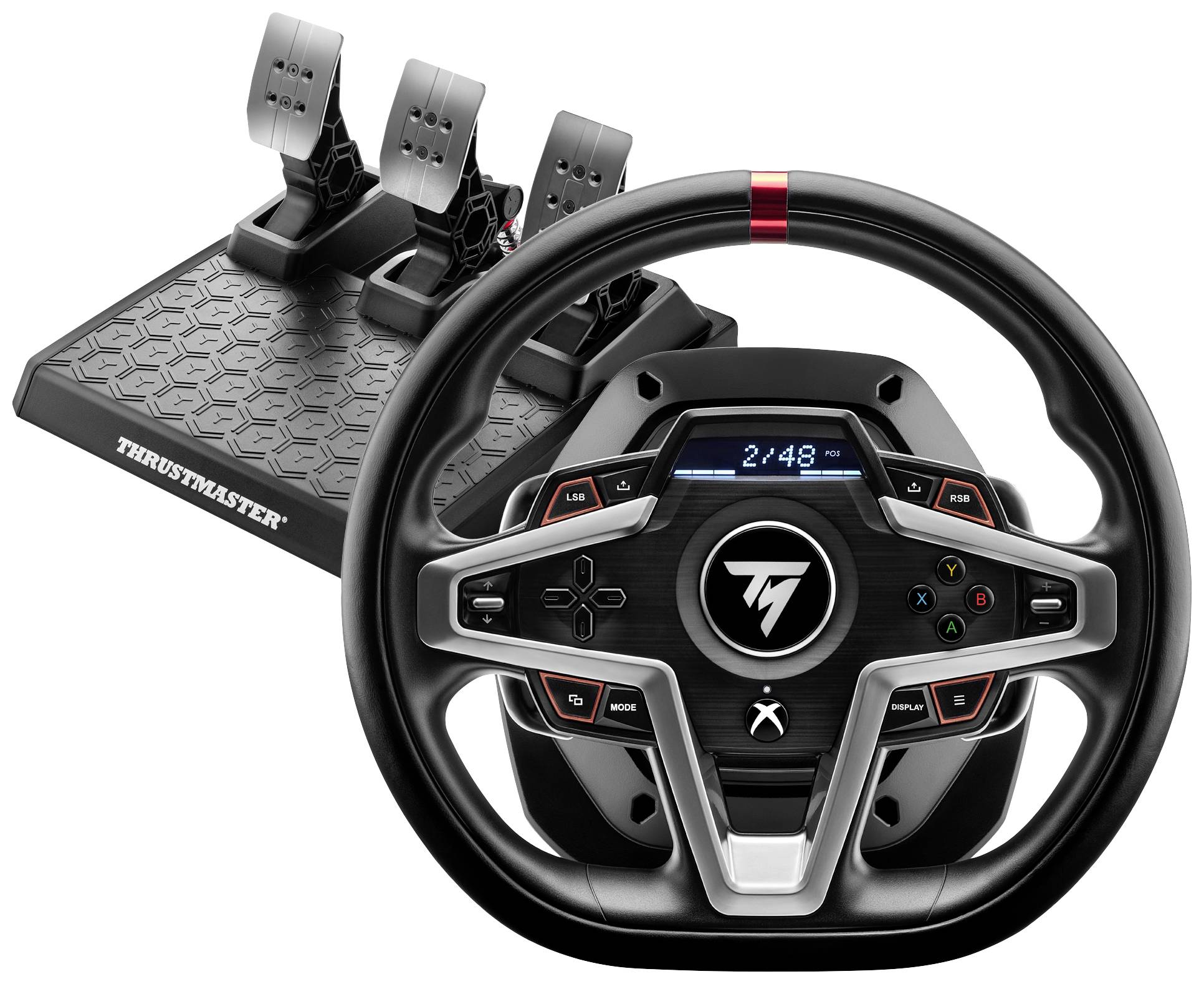 Ein Gaming-Lenkrad und Pedalset. Das Lenkrad hat Tasten und ein zentrales Display. Drei Pedale auf einer strukturieren Basis. Geeignet für Simulationsspiele.