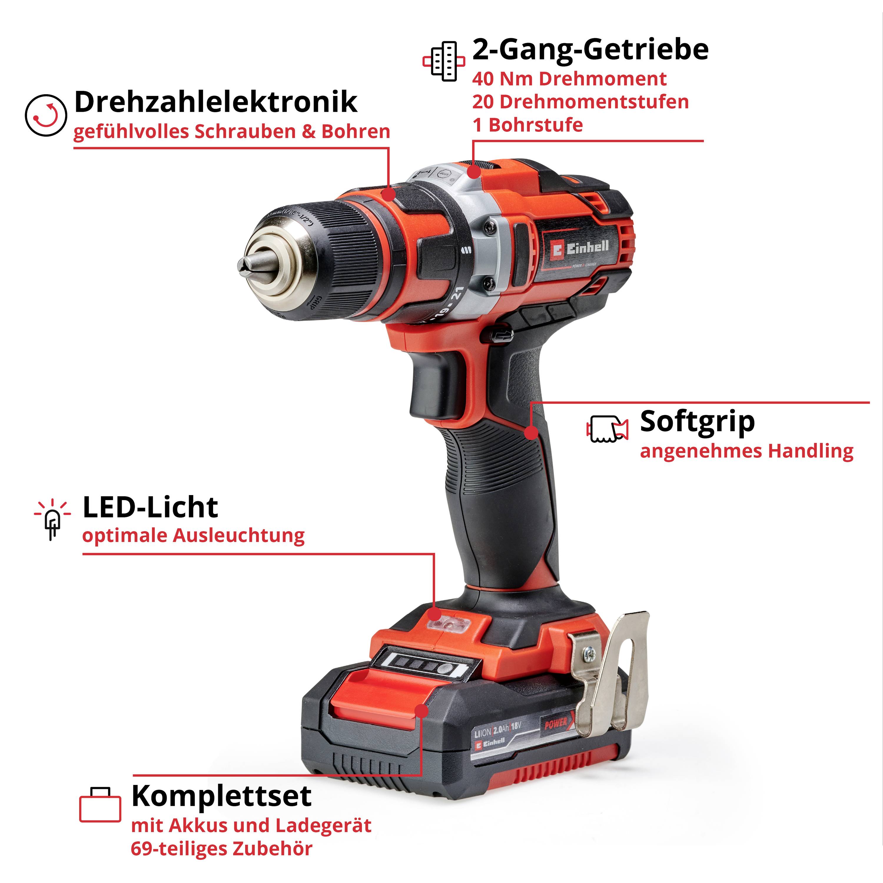 Einhell Power X-Change TE-CD 18/40 Li +69 (2x2,0 Ah) 4513934 Akku-Bohrschrauber 18 V 2.0 Ah Li-Ion inkl. Koffer, inkl. Akku, inkl. Ladegerät, mit Zu