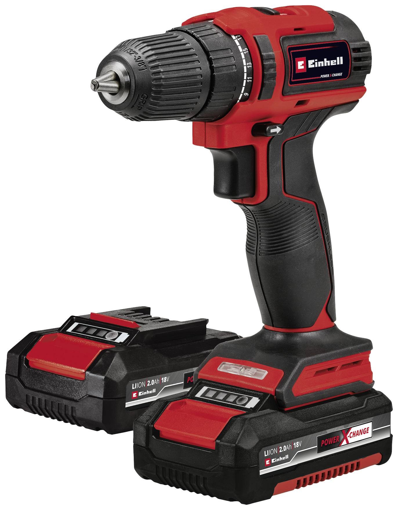 Roter Akku-Bohrschrauber mit zwei austauschbaren Akkus auf weißem Hintergrund. Geeignet für Heimwerkerarbeiten und Bauprojekte.