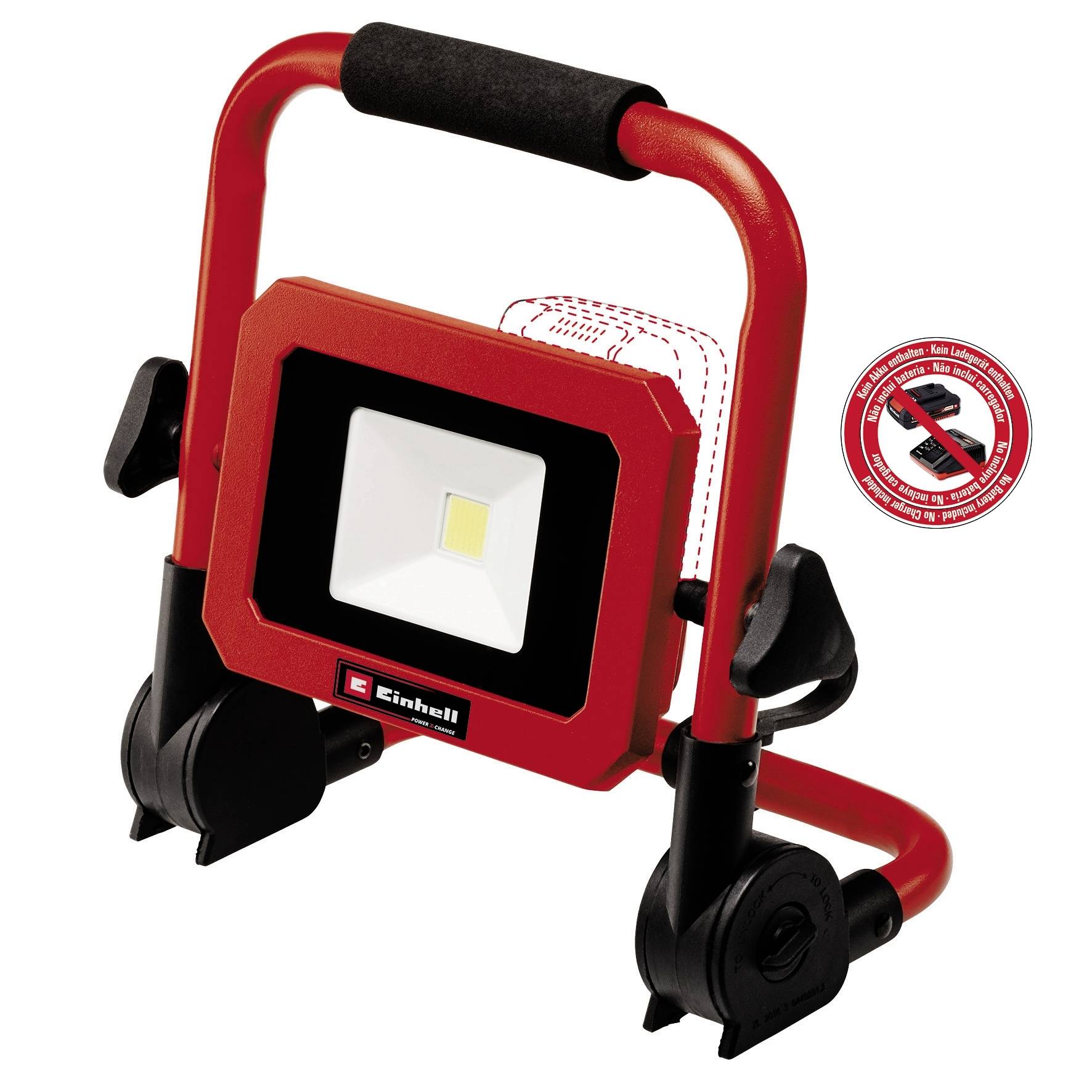 Ein roter und schwarzer LED-Baustrahler auf einem Standfuß, mit einem Hinweis auf eine Gelenkverstellung, womit der Lichtwinkel reguliert werden kann.