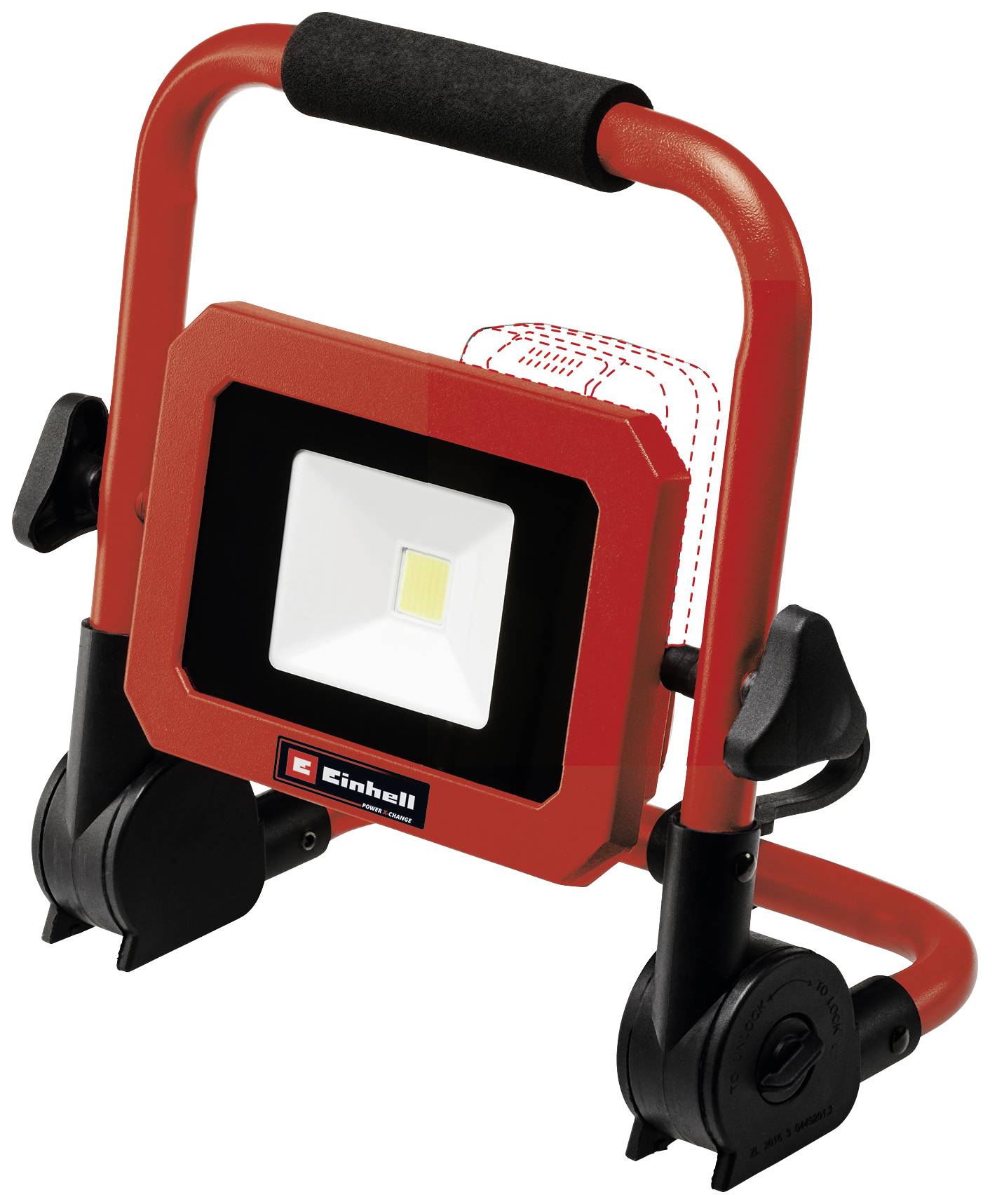 Rotes, tragbares LED-Arbeitslicht mit quadratischem Rahmen und schwarzem Griff, geeignet für Bauarbeiten oder Werkstattbeleuchtung.