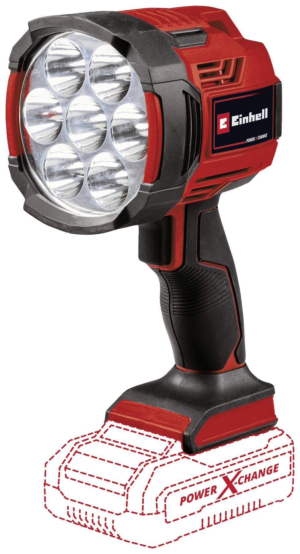 'Einhell Akku-Lampe', rot-schwarz, mit sieben runden Leuchten vorn. Stehend auf Akkublock-Sockel. Modell für Handwerkerbedarf.