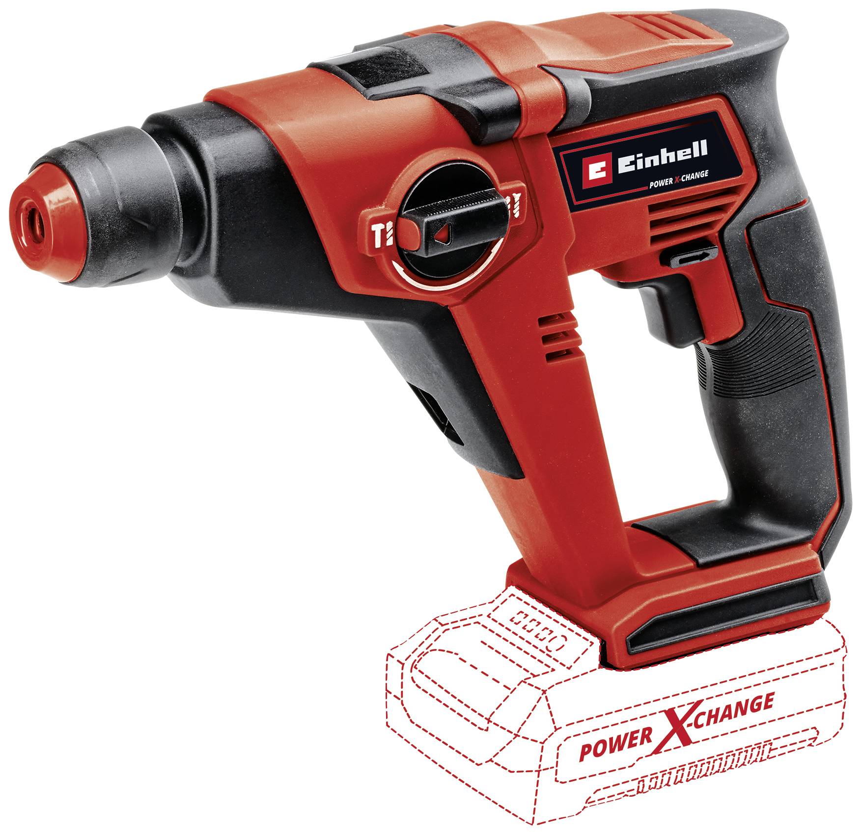 Akkubohrhammer in Rot mit schwarzem Griff, Markenlogo und Schalter. Darstellung eines optionalen Akkus unten.
