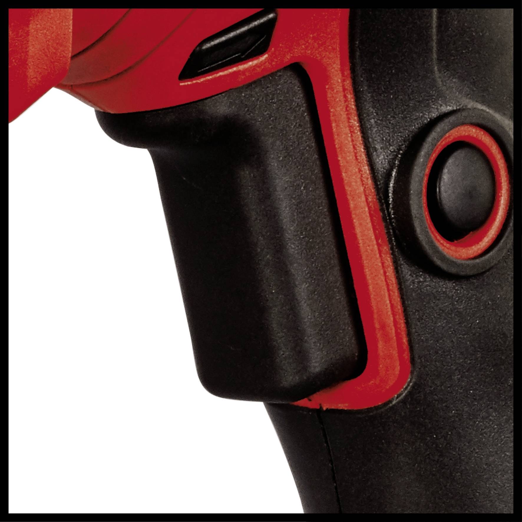 Nahaufnahme eines Bohrmaschinen-Griffs mit Abzugshebel, schwarz und rot gestaltet, ergonomisches Design für bequemen Halt.