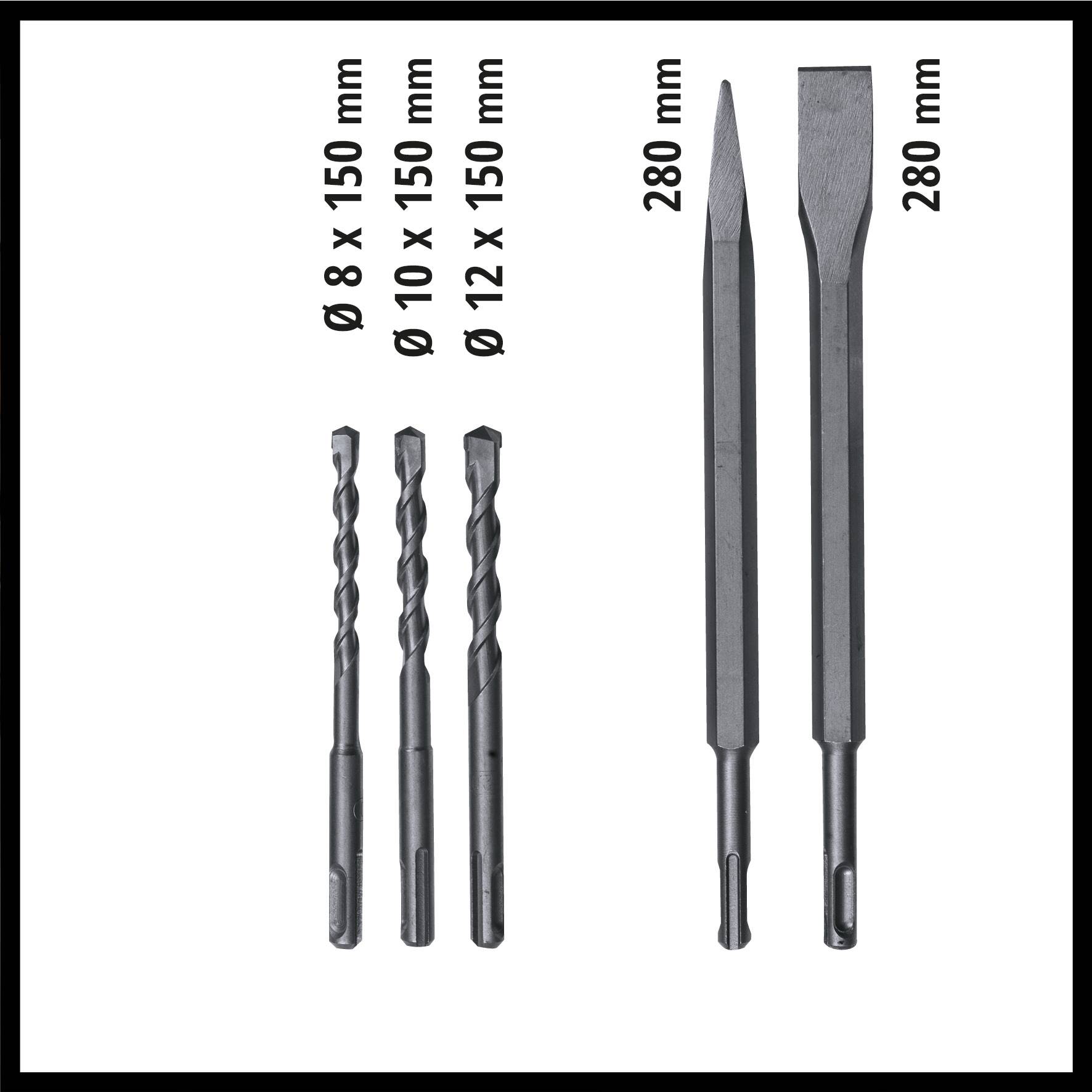 Drei Bohrer mit Durchmessern 8 mm, 10 mm, 12 mm und zwei Meißel, beide 280 mm lang, auf weißem Hintergrund dargestellt.