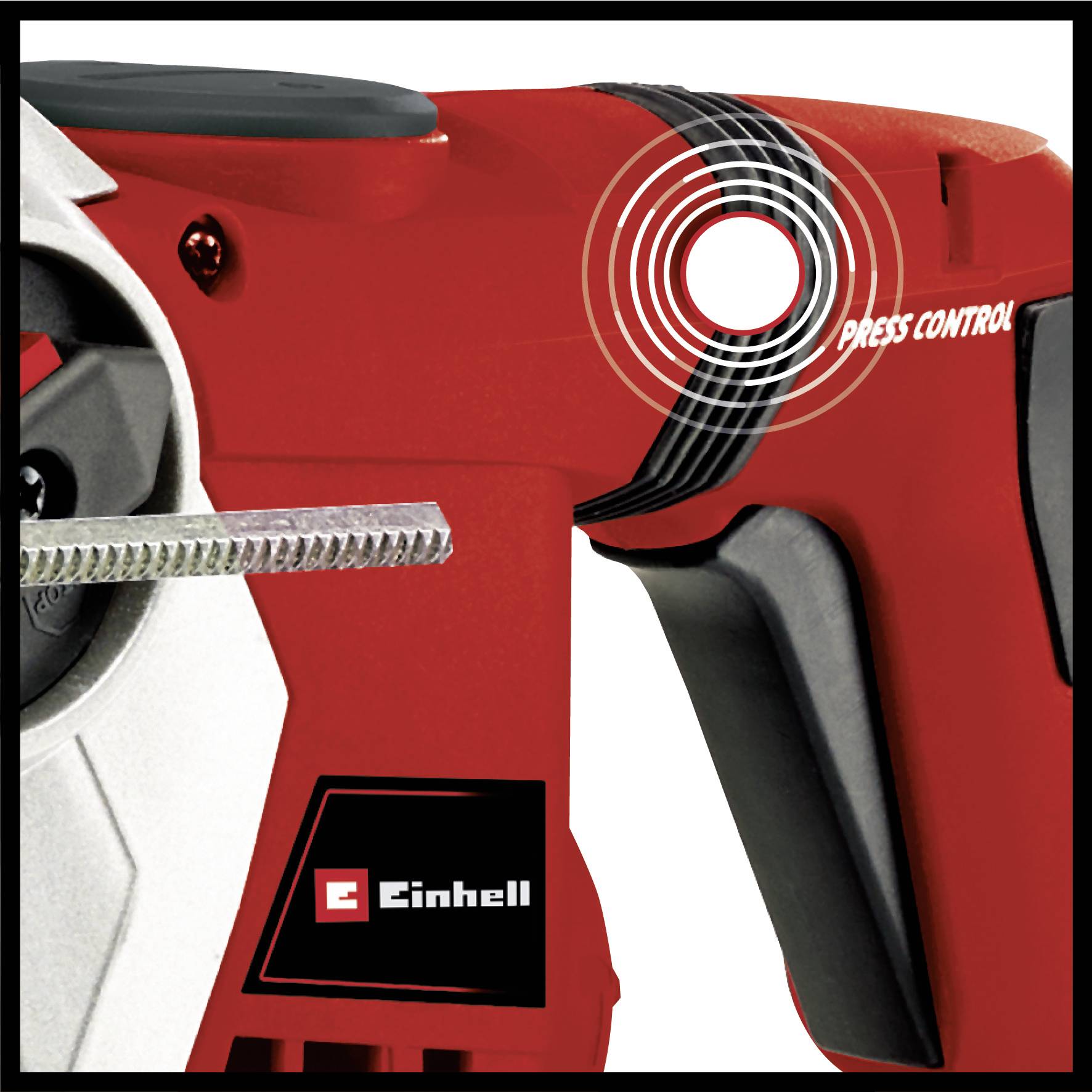 Das Bild zeigt ein rotes Einhell Elektrowerkzeug mit einer Hervorhebung der 'Press Control'-Taste und einem silbernen Spanner vorne.