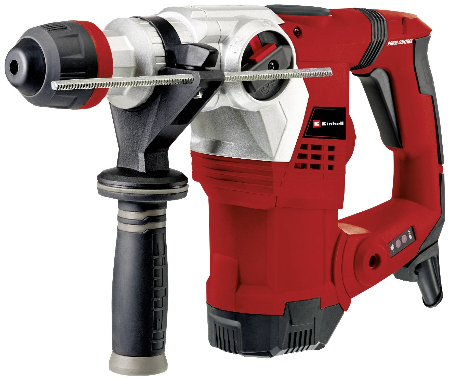 Ein roter Elektrobohrhammer mit schwarzem Griff und Einhell-Logo, geeignet für schwere Bohrarbeiten.