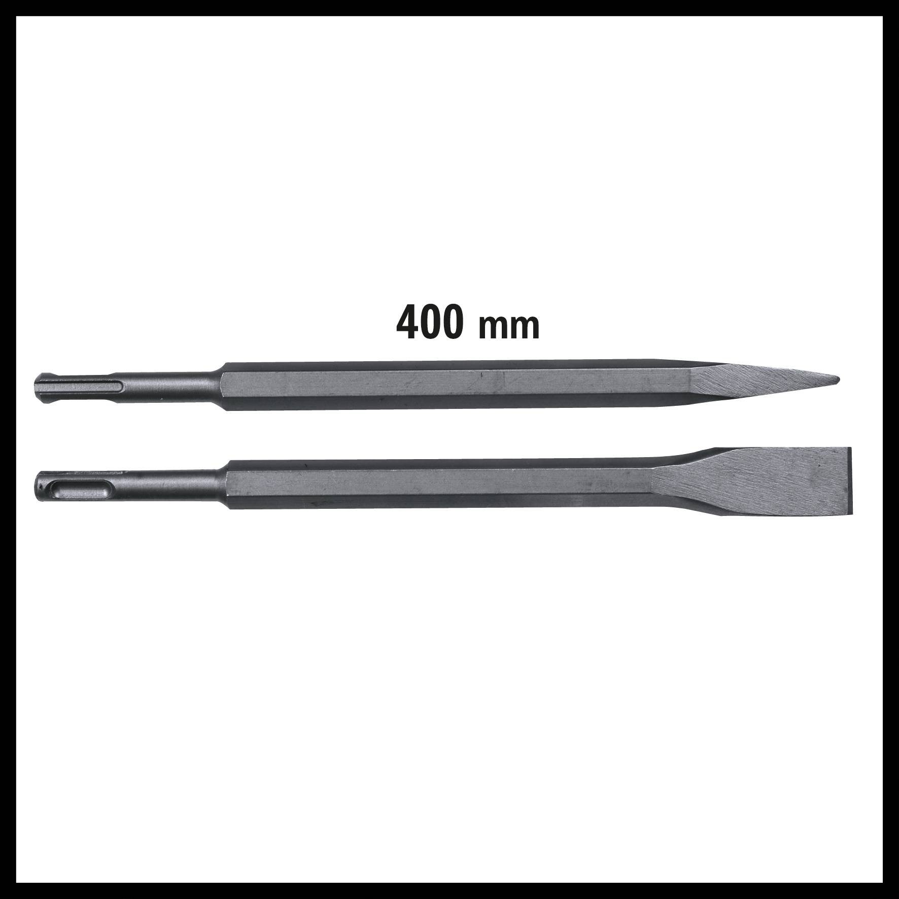 Zwei Betonmeißel mit SDS-Aufnahme. Der obere Meißel hat eine Spitze, der untere eine flache Klinge. Beide sind 400 mm lang.