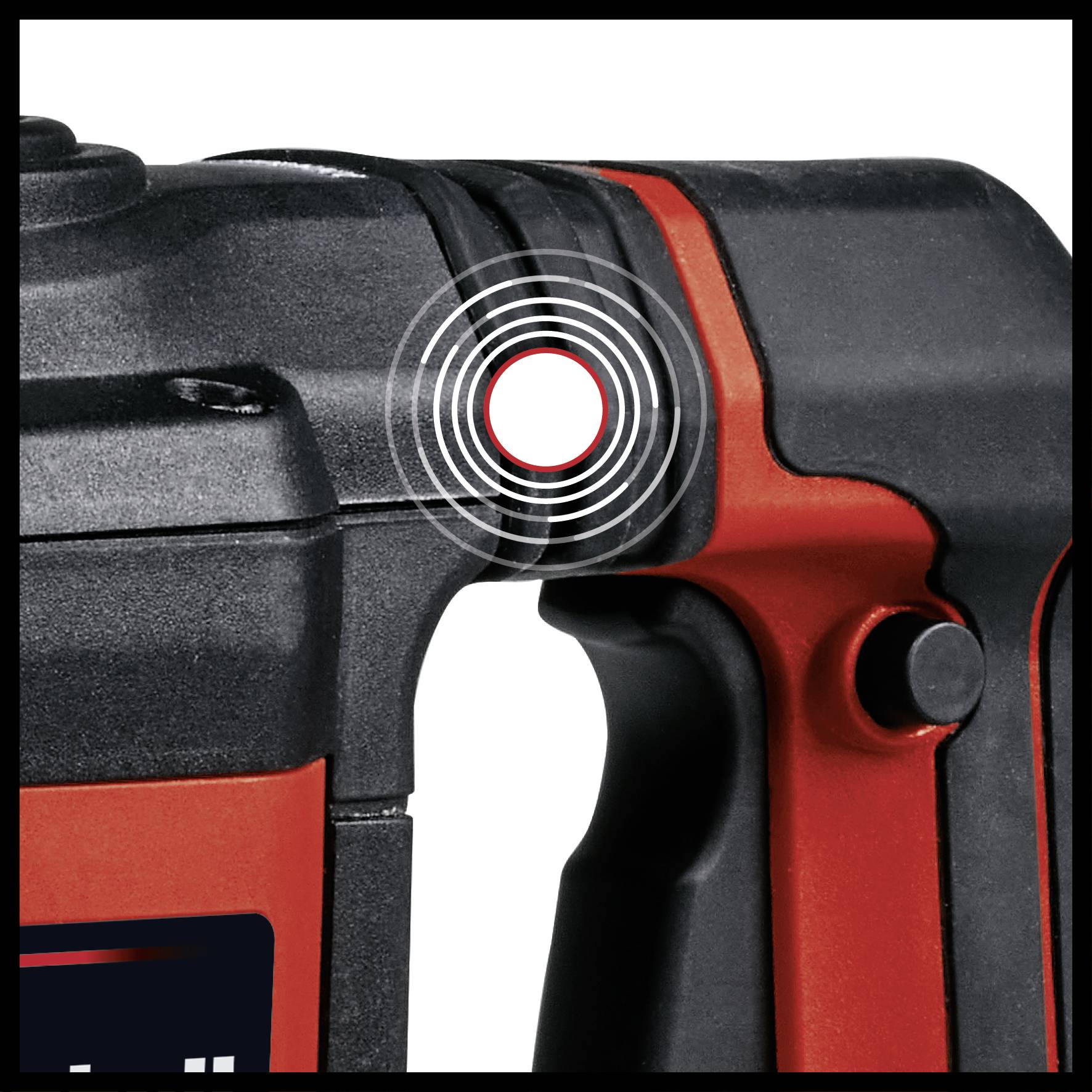 Ein roter und schwarzer Handbohrer mit einem hervorgehobenen Knopf und kreisförmigen Linien, die den Druckpunkt darstellen.