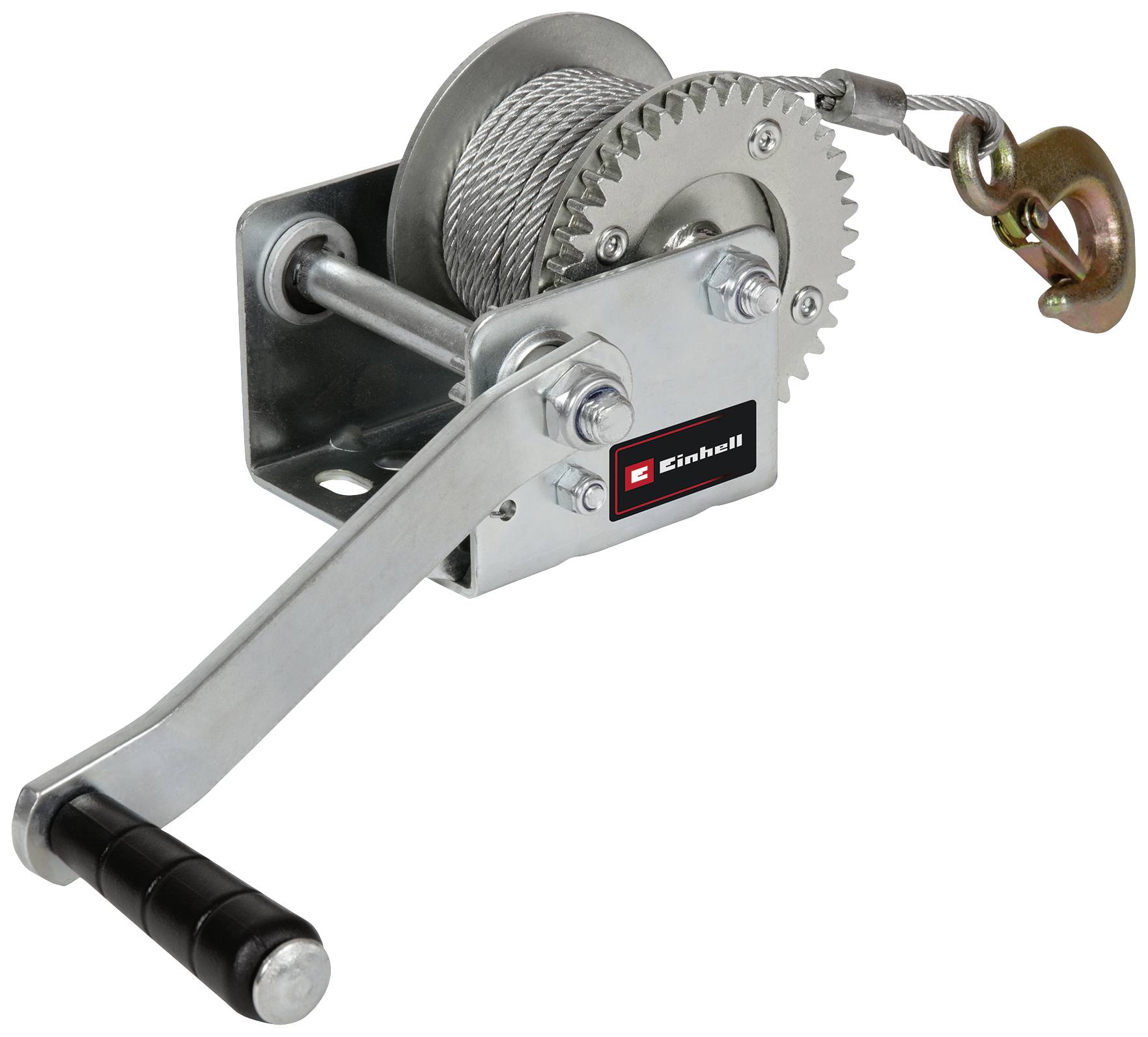 Eine manuelle Seilwinde mit Kurbel, Stahlseil und Haken, befestigt an einem Metallrahmen. Geeignet für leichte Hebe- und Zugaufgaben.