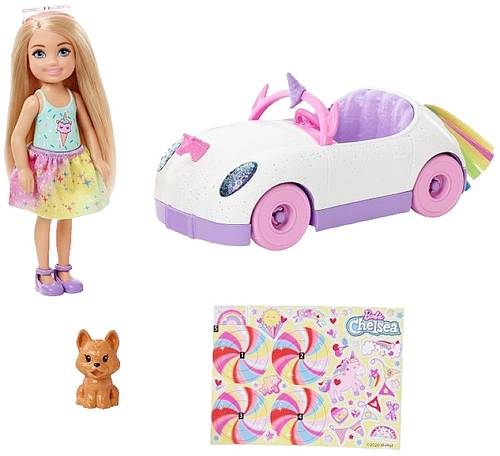 Mattel GXT41 Barbie Chelsea Puppe Spiel-Set inkl. Auto, Regenbogen-Einhorn Zub GXT41