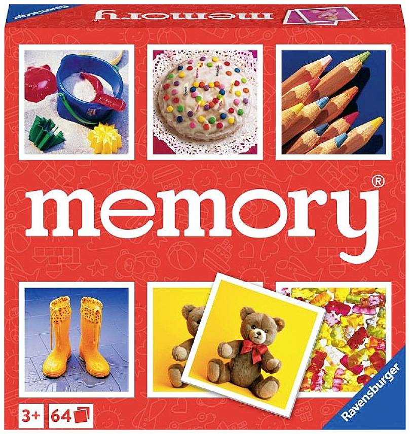 Spiel 'Memory' von Ravensburger. Verpackung zeigt farbige Gegenstände: Zuckertorte, Buntstifte, Gummistiefel, Teddybär, Popcorn. Ab 3+, 64 Karten.