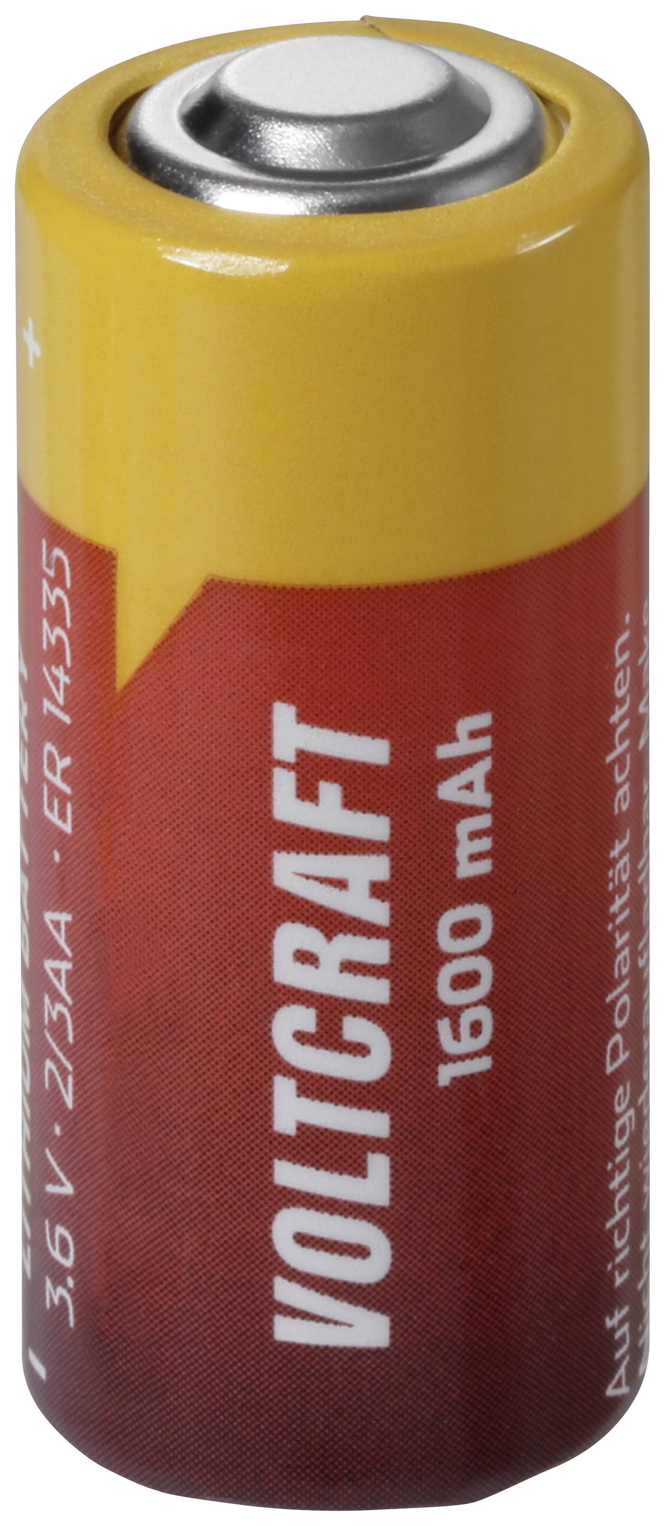 Eine gelbe und rote wiederaufladbare Batterie mit der Aufschrift 'Voltcraft 1600 mAh', die für 3,6V Energie ausgelegt ist.