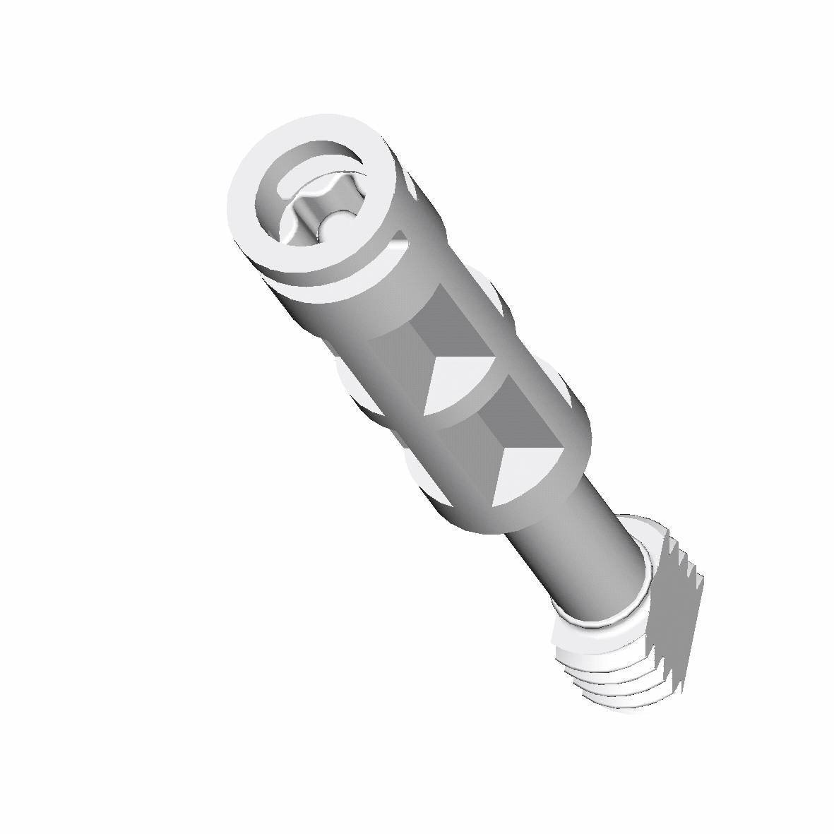 Ein grauer Kunststoffdübel mit geometrischen Mustern, schräg von oben betrachtet.