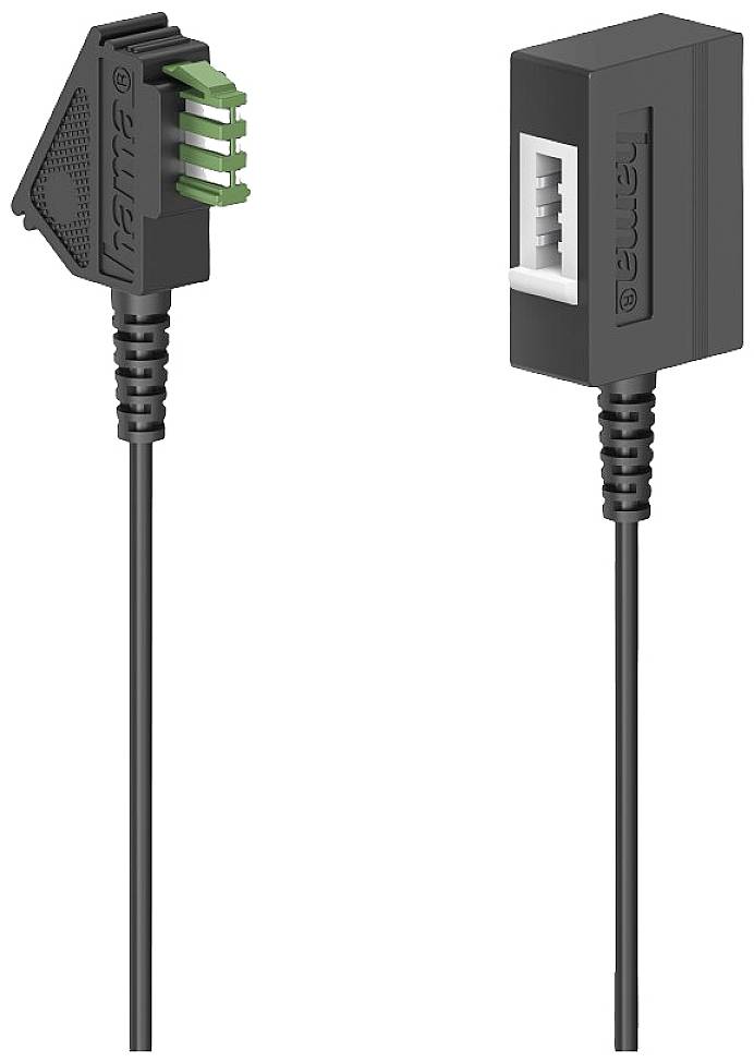 Ein schwarzes Adapterkabel verbindet auf der linken Seite einen RJ11-Stecker mit sieben Kontakten und auf der rechten Seite eine RJ45-Buchse.