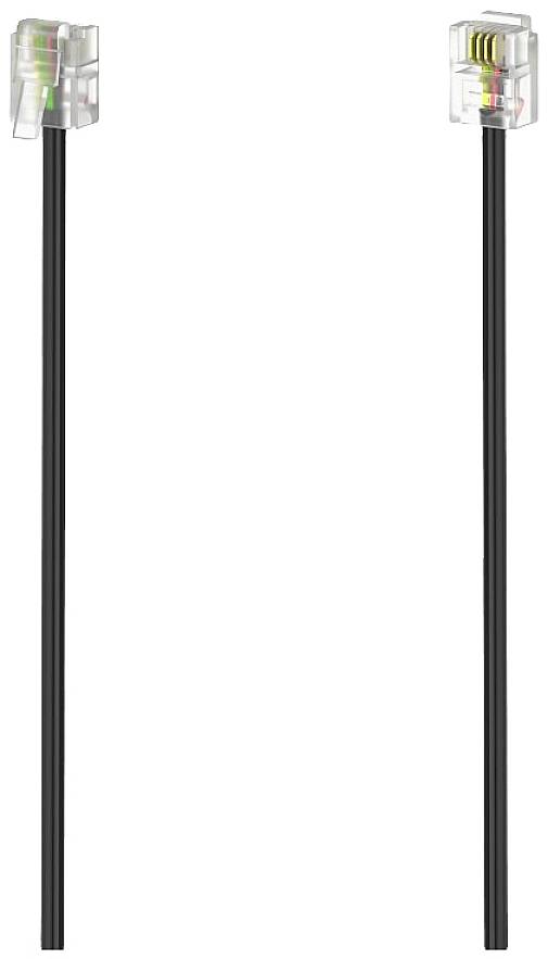 Zwei schwarze Kabel mit transparenten Steckern an den Enden, die für Telefonverbindungen verwendet werden.