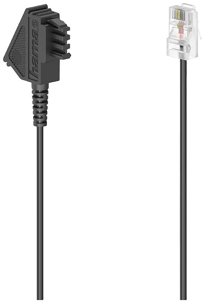 Schwarzes Telefonkabel mit TAE-Stecker links und transparentem RJ45-Stecker rechts. Verwendet zur Telefon- oder Internetverbindung.