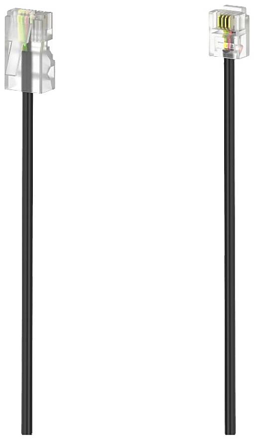 Zwei schwarze Telefonkabel mit durchsichtigen Steckern an beiden Enden, jeweils mit farbigen Drähten, auf weißem Hintergrund.