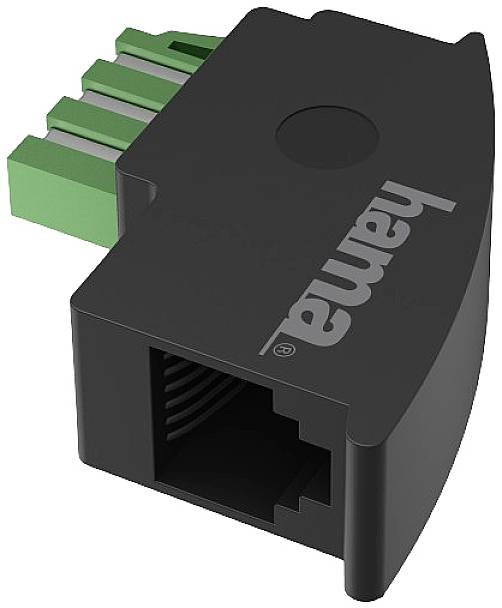 Ein schwarzer Netzwerkkabeladapter mit grünem Stecker, auf dem 'Hama' steht, für die Verbindung von Ethernet-Kabeln.