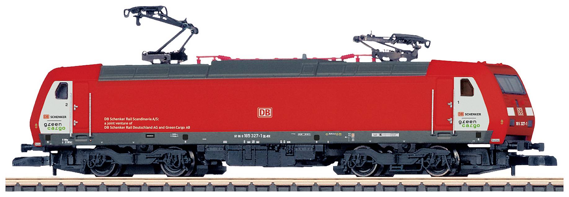 Rotes Modell einer deutschen E-Lok auf Gleisen, mit DB-Logo und Schriftzug 'DB Schenker Rail' sowie 'Captrain' an der Seite.