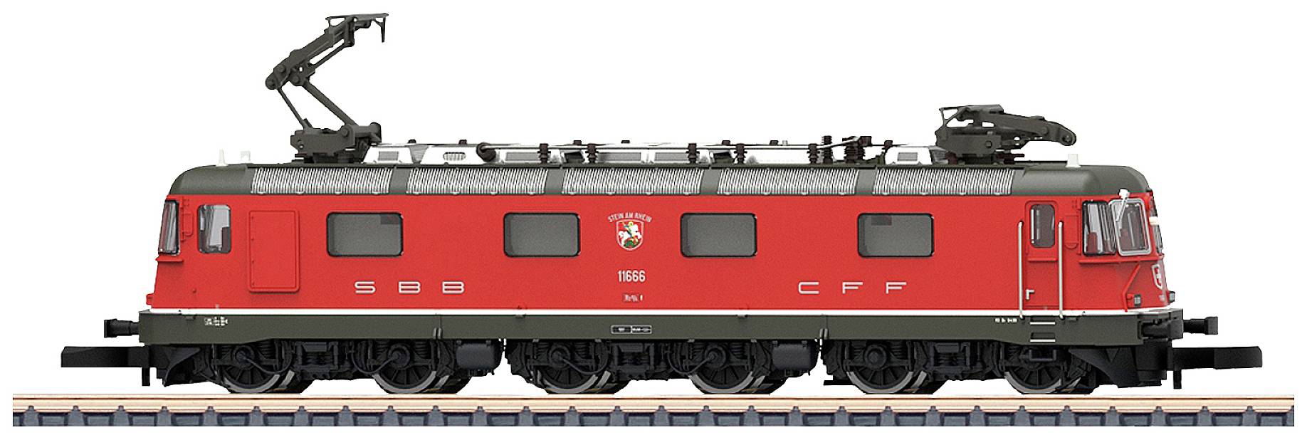 Roter Modellzug der SBB, seitlich abgebildet, mit Pantografen auf dem Dach und fünf Fenstern in der Waggonmitte.