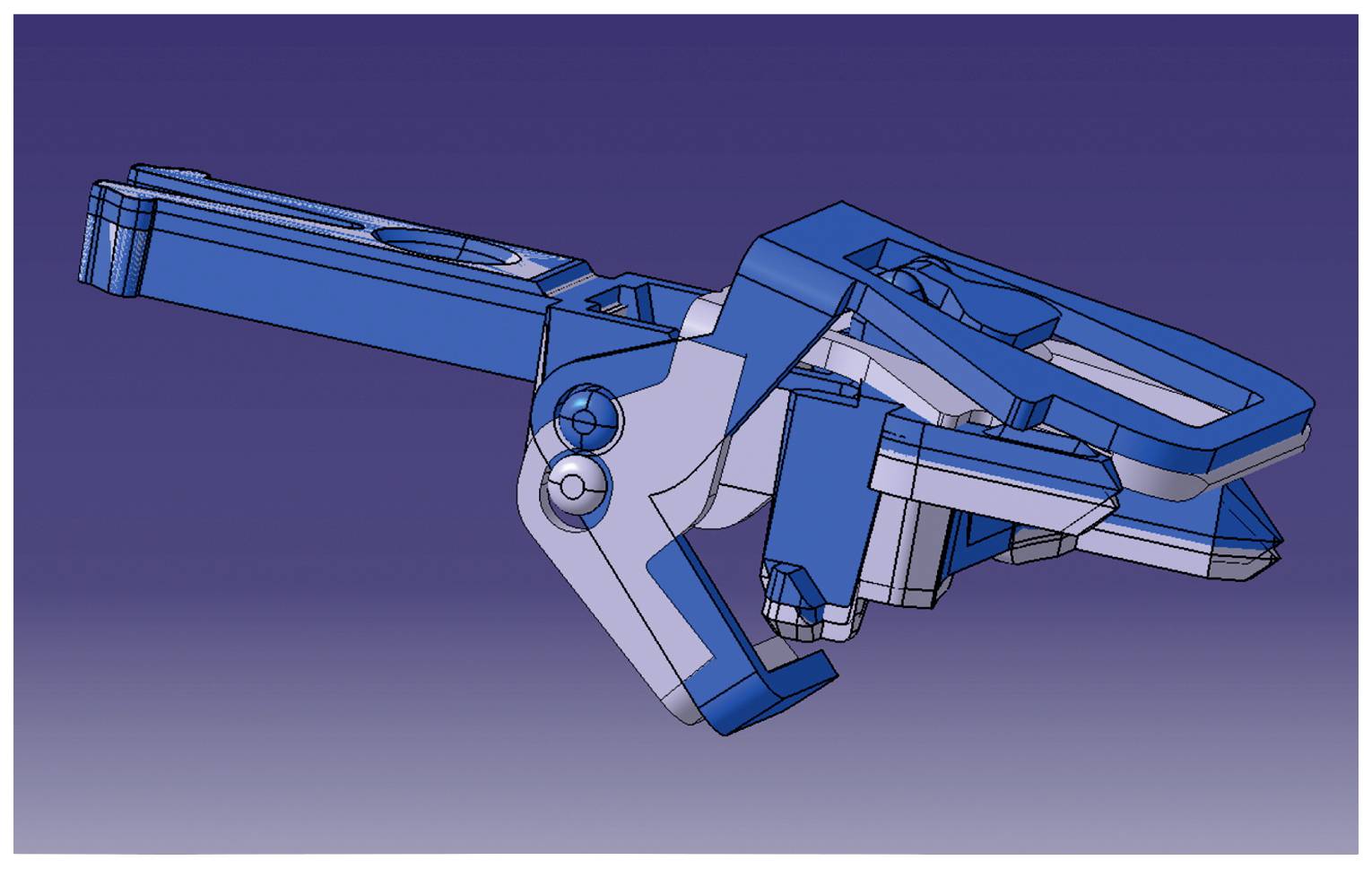 Eine 3D-Illustration eines mechanischen Greifers mit blauen und grauen Komponenten vor einem dunklen Hintergrund.