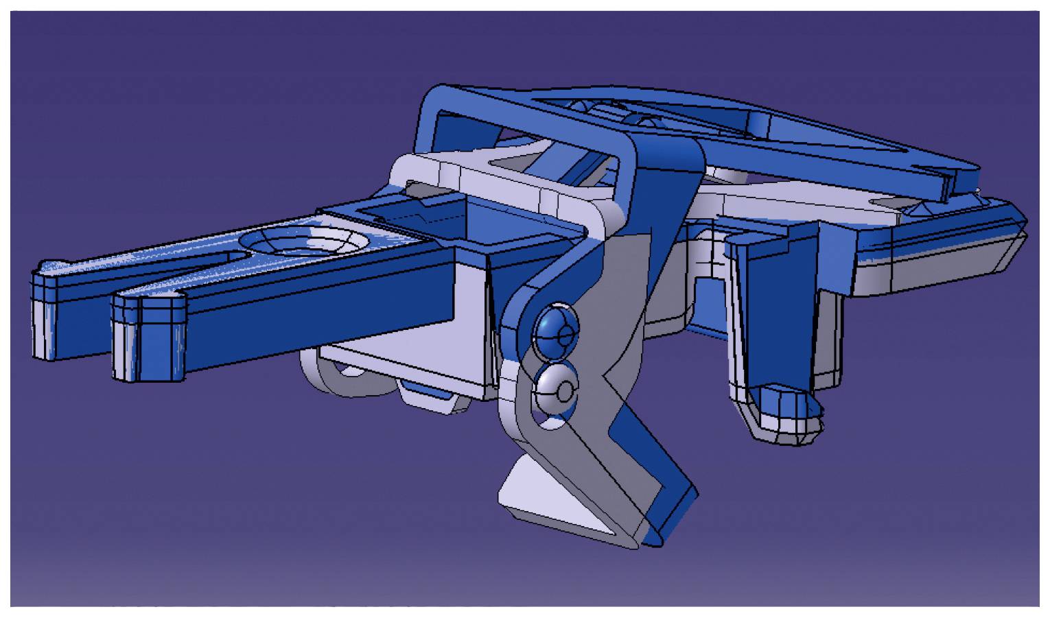 3D-Modell einer blau-weißen mechanischen Vorrichtung mit Hebeln und Gelenken, möglicherweise Teil einer größeren Maschine.