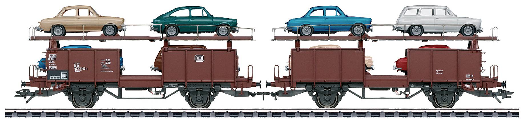Zwei Eisenbahnwaggons transportieren je drei Autos auf zwei Ebenen: braun, grün, blau oben und beige, rot, grau unten.