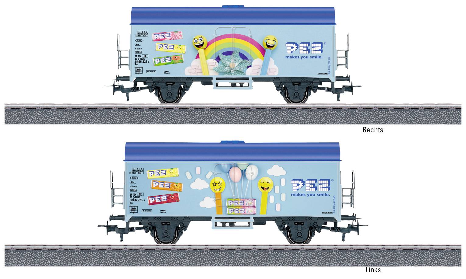 Zwei Güterwaggons mit PEZ-Werbung, darunter bunte Logos und Emojis, auf Schienen abgebildet. Einer zeigt Regenbogenmotive, der andere Smileys mit Lollis.