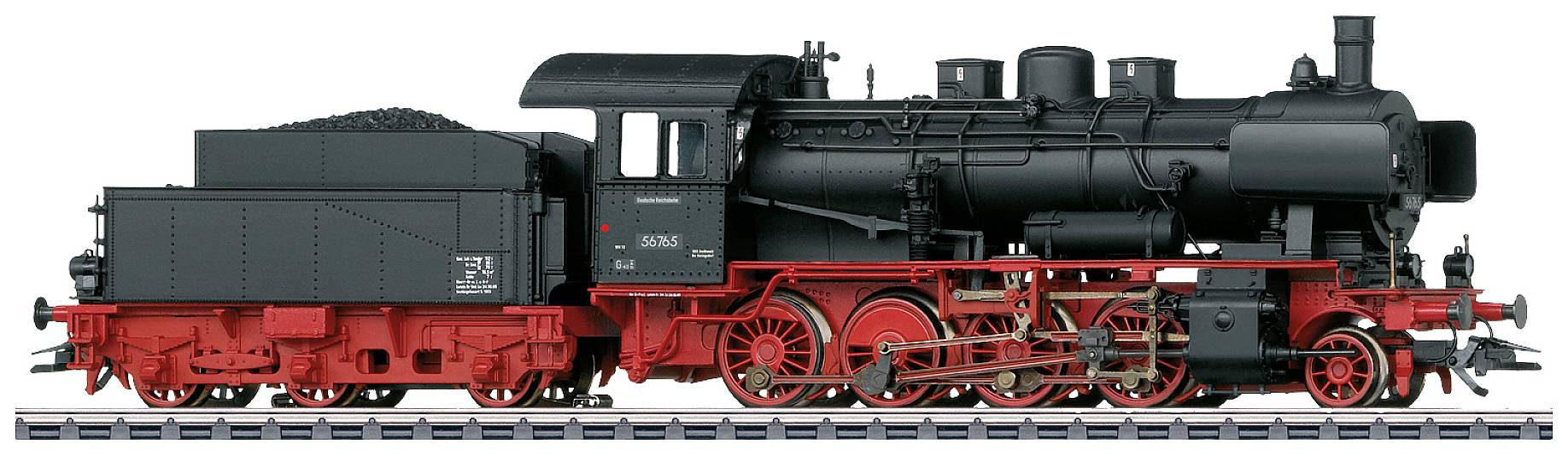 Schwarze Dampflokomotive mit roten Rädern auf Bahngleisen, seitliche Ansicht. Essentiell für historischen Transport oder Modelleisenbahn Kontext.