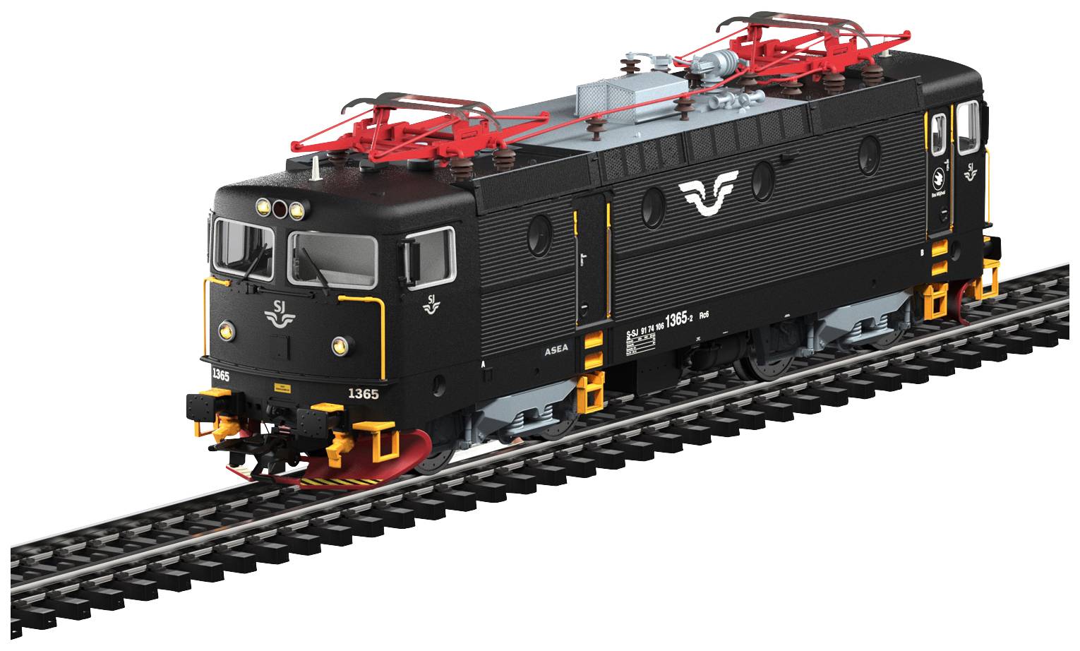 Ein schwarzes Modell einer elektrischen Lokomotive mit roten Details fährt auf einer Modellbahnstrecke. Modellnummer und Logo sind sichtbar.