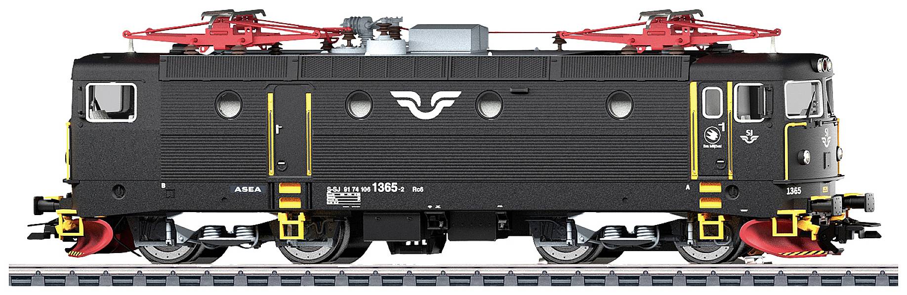 Schwarze Elektrolokomotive mit roten Stromabnehmern auf Schienen, seitliche Ansicht. Lok-Nummer 1354, gelbe Akzente und Logo in der Mitte.