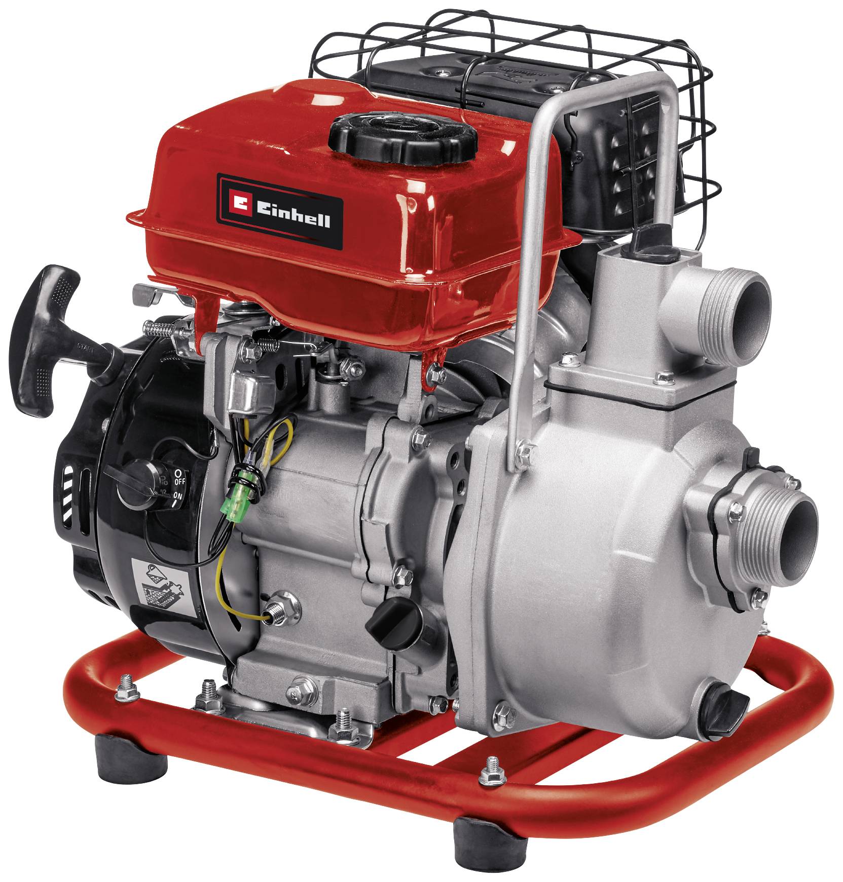 Eine rote Motorpumpe mit Metallrahmen und mehreren Anschlüssen, stehend auf einem roten Standfuß. Geeignet für Gartenanwendungen.