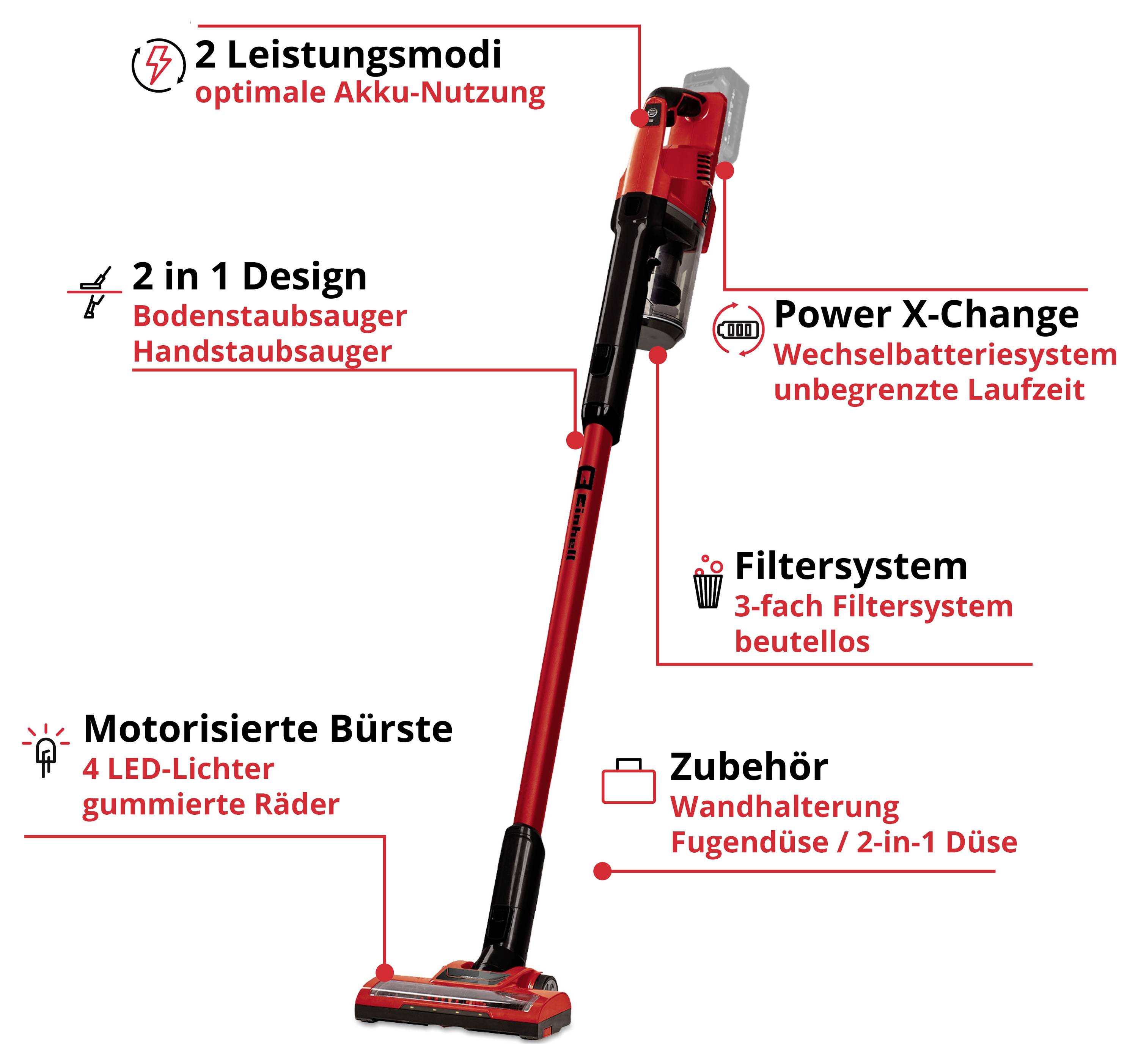 Kabelloser 2-in-1-Staubsauger mit Wechselakku: Boden- und Handstaubsauger, 2 Leistungsmodi, 3-fach-Filtersystem, motorisierte Bürste und Zubehör.