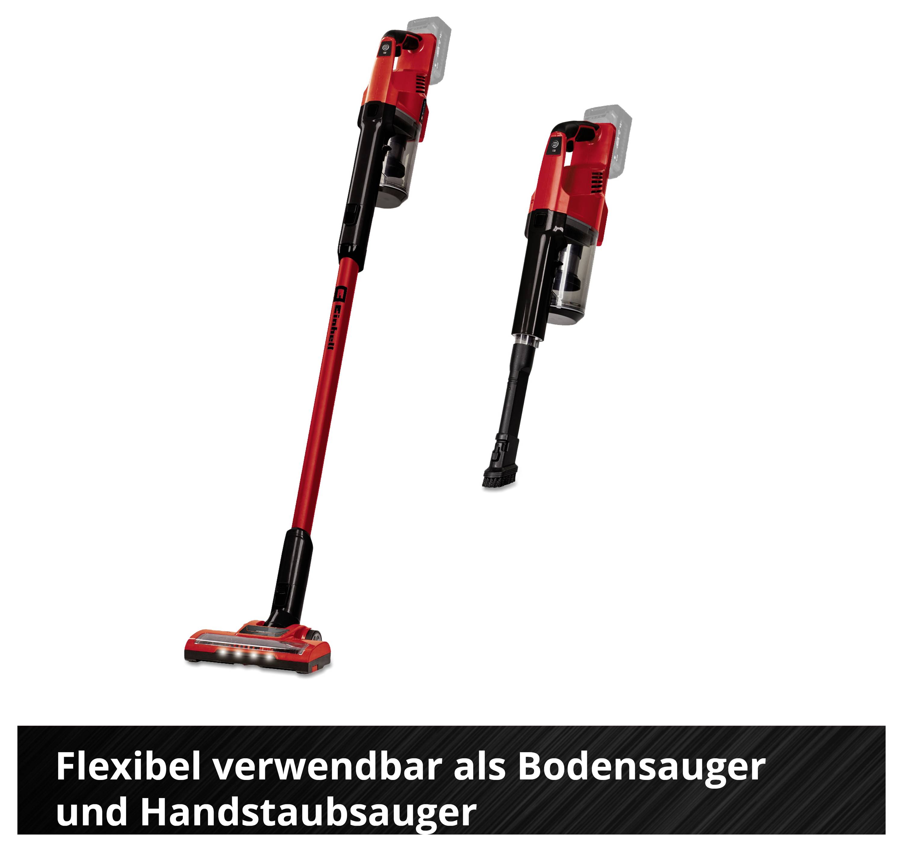 Kabelloser 2-in-1-Staubsauger mit langem Stiel und als Handstaubsauger nutzbar; Text: 'Flexibel verwendbar als Bodensauger und Handstaubsauger'
