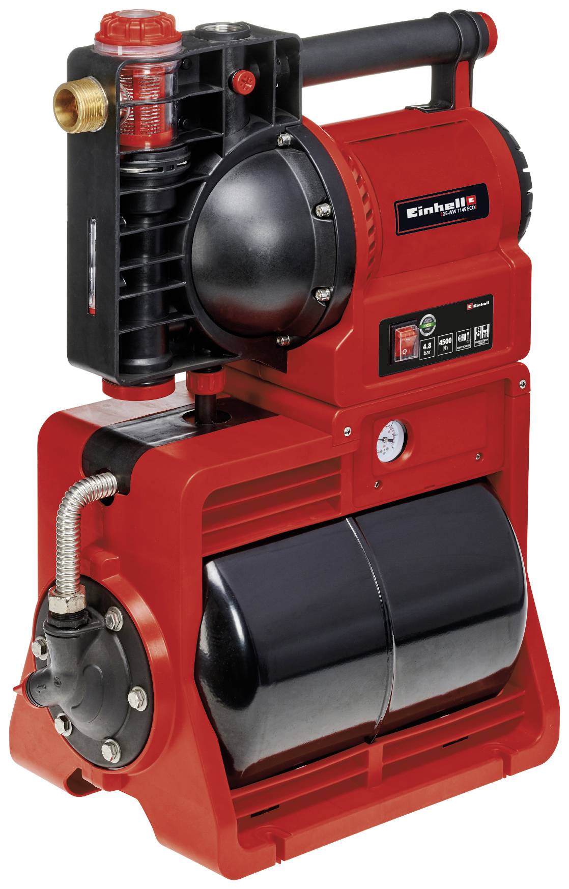 Ein rotes Wasserpumpensystem mit einem schwarzen Drucktank und mehreren Bedienelementen, vorne ist ein Manometer sichtbar.