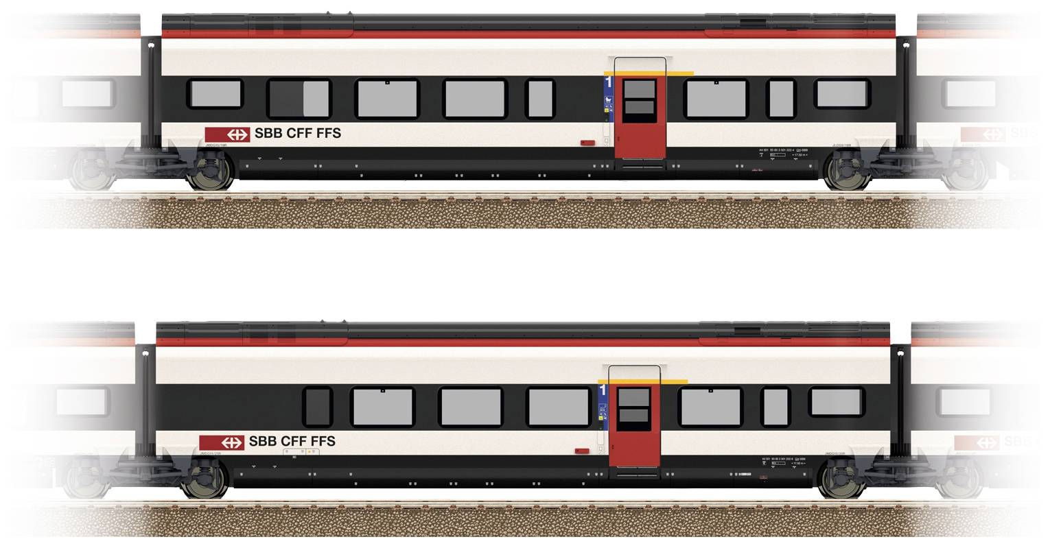 Zwei Eisenbahnwagen mit SBB CFF FFS-Logo, rot-schwarzer Lackierung und Türen. Sie stehen hintereinander auf den Gleisen.
