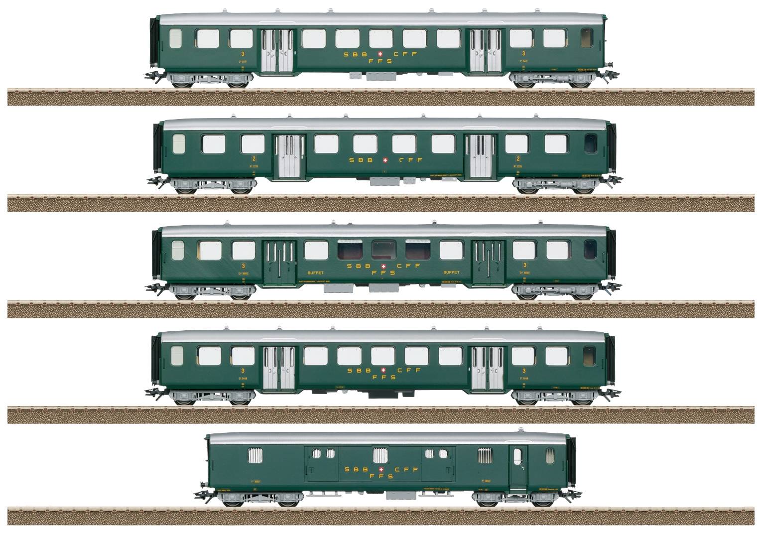 Fünf grüne Eisenbahnwagen in einer Reihe, jeweils mit zwei bis vier Türen und unterschiedlichen Fensteranordnungen, auf Bahngleisen.