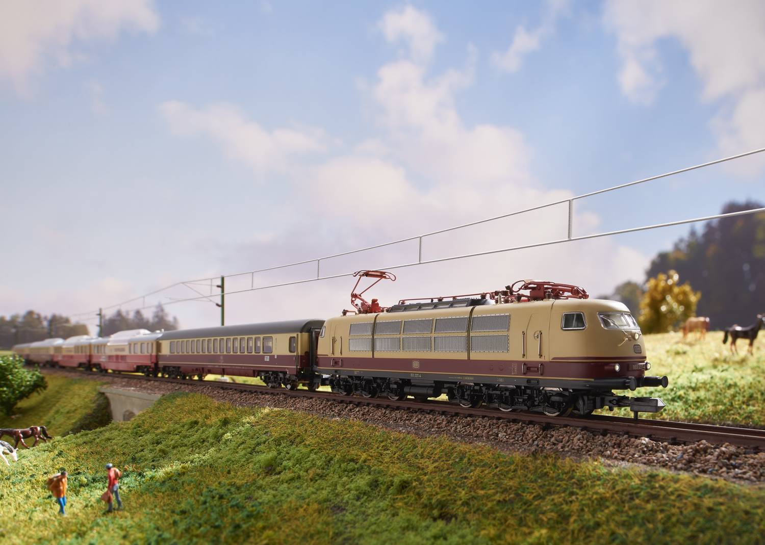 Ein Modellzug fährt durch eine ländliche Landschaft, vorbei an grünen Wiesen und Bäumen unter einem teilweise bewölkten Himmel.