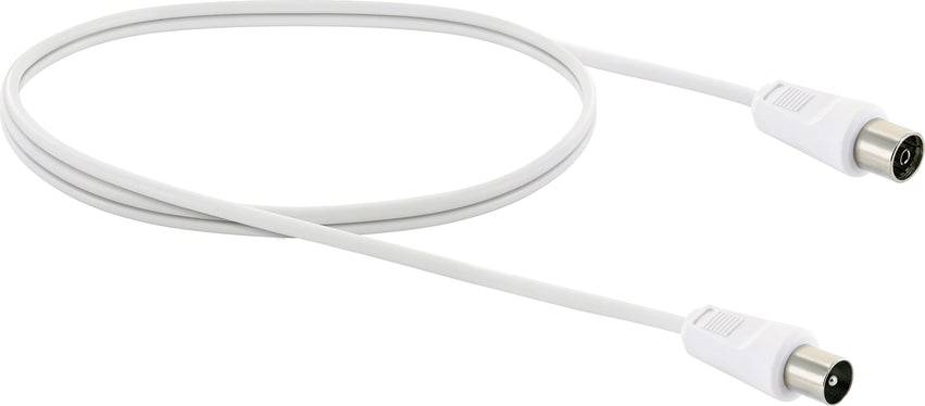 Ein weißes Koaxialkabel mit zwei Steckern, geeignet zum Anschluss von Fernsehempfängern an Antennen oder Kabelanschlüsse.