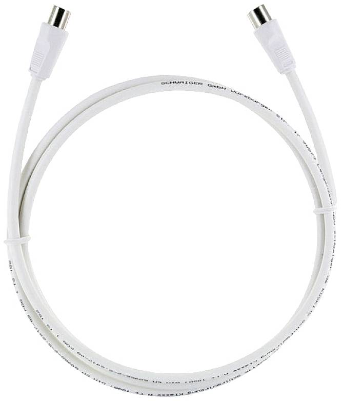 Weißes Koaxialkabel mit zwei Steckverbindern an den Enden, verwendet für Fernseher oder Internetanschluss.