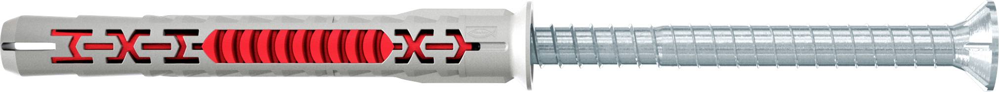 Ein Metall- und Kunststoff-Wandanker mit einem roten Expansionsbereich in der Mitte, entwickelt zum Befestigen von Objekten an Oberflächen.