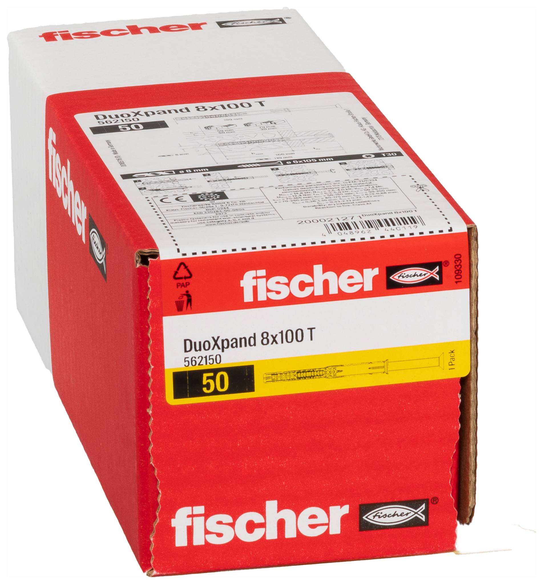 Rote Fischer Box mit DuoXpand 8x100 T Wanddübeln, beschriftet mit „50