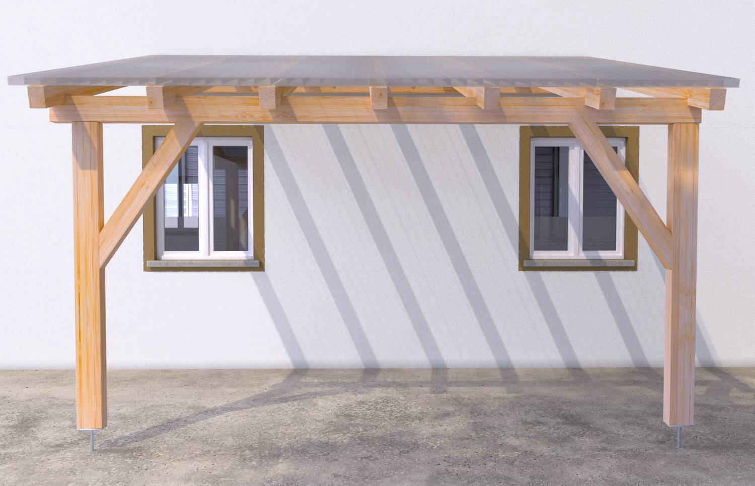 Eine hölzerne Pergola steht gegen eine weiße Wand mit zwei Fenstern und wirft Schatten auf den Boden.