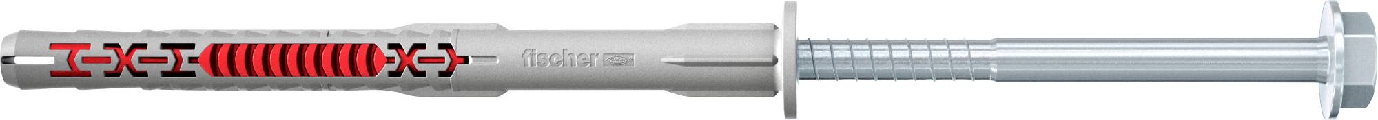 Ein Kunststoffanker mit teilweise eingefügter Schraube, verwendet zum Befestigen von Objekten in Wänden. Der Anker ist grau mit roten Akzenten.