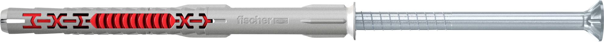 Ein Metallankerschrauben-Bolzen mit grauer Außenhülle und rotem Inneren, der zum Befestigen von Objekten auf festen Oberflächen verwendet wird, in Seitenansicht dargestellt.