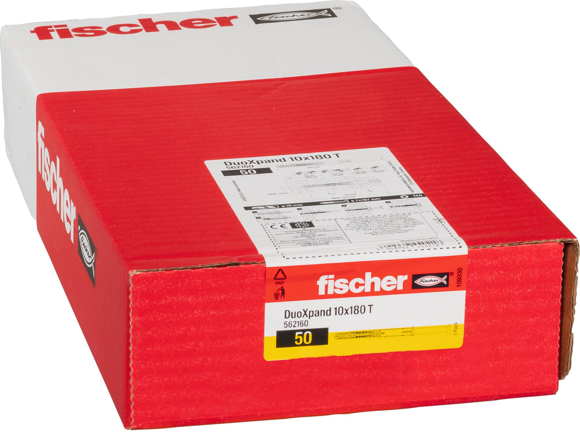 Eine rote und weiße Packung von „fischer DuoXpand 10x180 T 50
